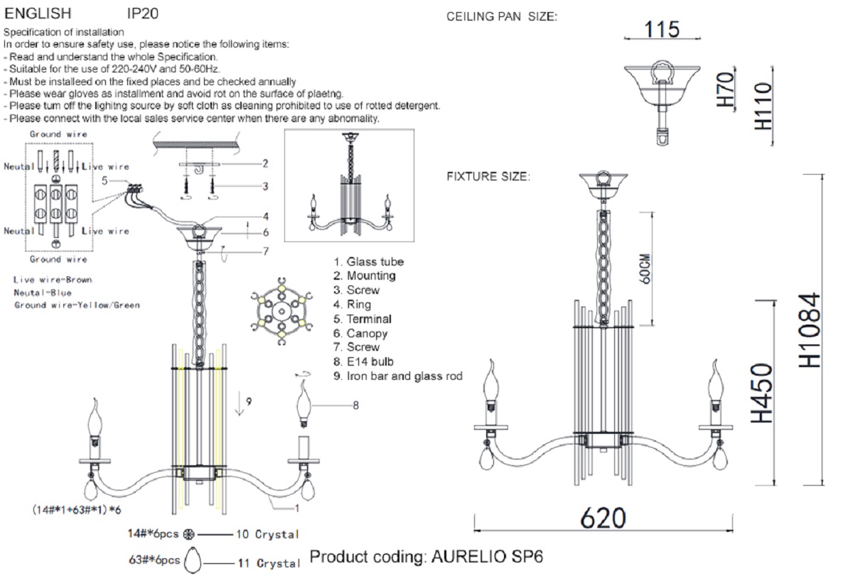 Подвесная люстра Crystal Lux AURELIO SP6 GOLD+CHROME/TRANSPARENT