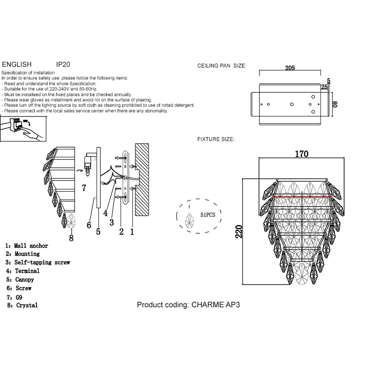 Настенный светильник Crystal Lux Charme AP3 Gold/Transparent