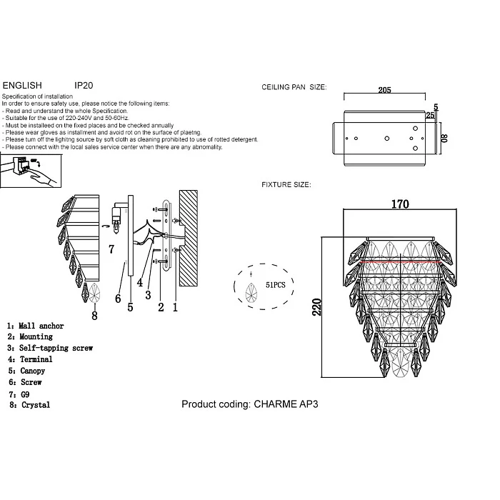 Настенный светильник Crystal Lux Charme AP3 Gold/Transparent
