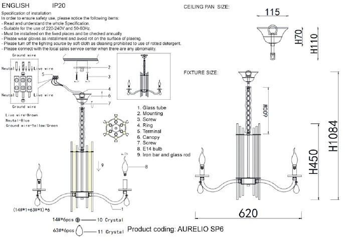 Подвесная люстра Crystal Lux AURELIO SP6 GOLD+CHROME/TRANSPARENT